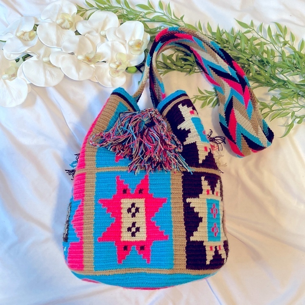 Pink, Blue & Camel Patterned Large Wayuu Drawstring Crossbody Mochila Bag